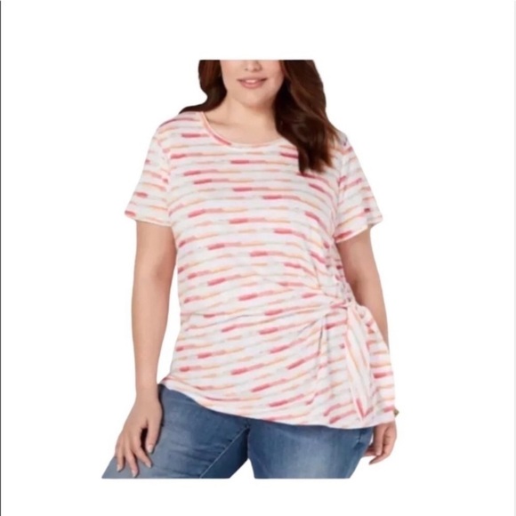 NEW Style & Co Plus Size Tee Shirt Side Tie Top Coral Stripes Short Sleeves 2X - Picture 1 of 4